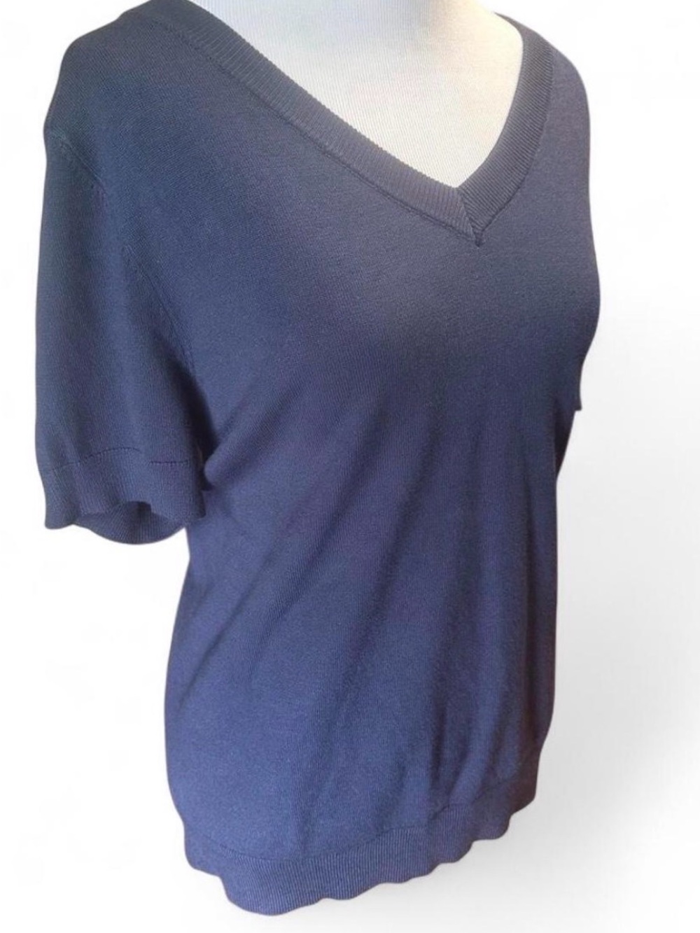 NWT PrettyGarden Navy Blue Short Sleeve V Neck Sweater Top L Corporate Knit